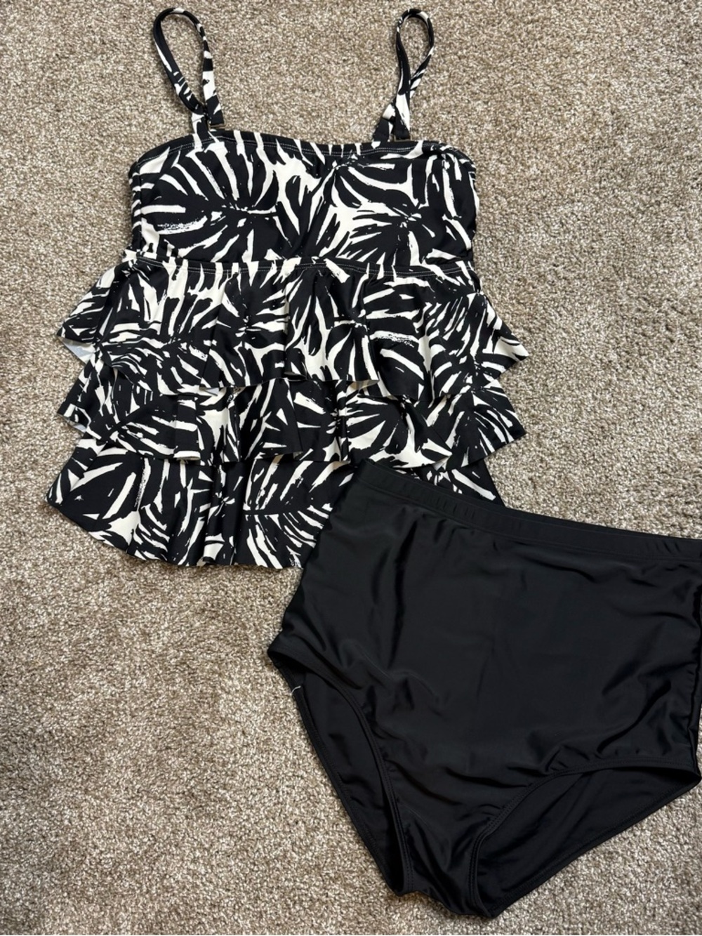 Island Escape Black Tankini Set with Ruffle Trim